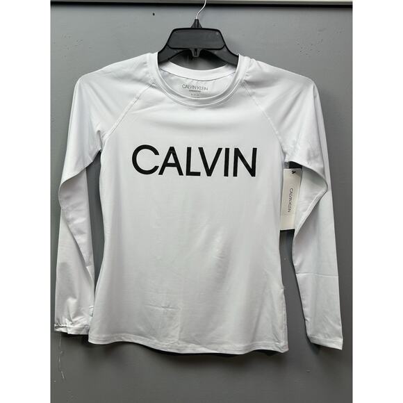 Calvin Klein Long-Sleeve Rashguard‎ Top Womens Small White Spellout Swim 40 UPF - Picture 1 of 10